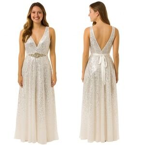 SAY Yes to the PROM Gown Junior 5/6 Off White Crystal Sequin V Neck Formal Dress